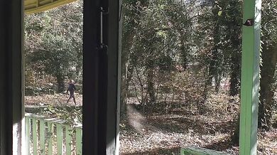Outdoor blowjob. Stalker Karina suck a dick to a guard at an abandoned camp