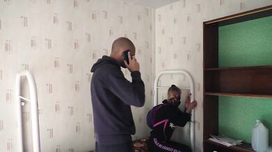 Outdoor blowjob. Stalker Karina suck a dick to a guard at an abandoned camp