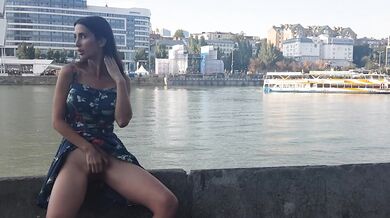 Horny diver on a masturbating girl on the river bank