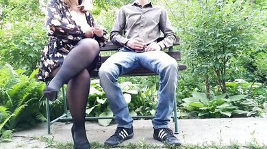 The adventures of a dirty milf in pantyhose in the park on a bench