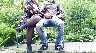 The adventures of a dirty milf in pantyhose in the park on a bench