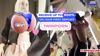 Young blonde shows big tits in the dressing room. See throuhg clothes