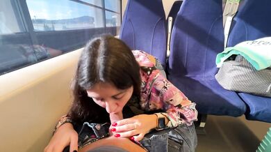 Shameless girl seduced a guy on the train and gave him a blowjob in public