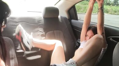 My stepsister masturbates in the Uber before arriving at the university and ends with a pussy lickin
