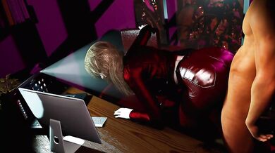 Korean girlfriend in red leather outfit having rough sex