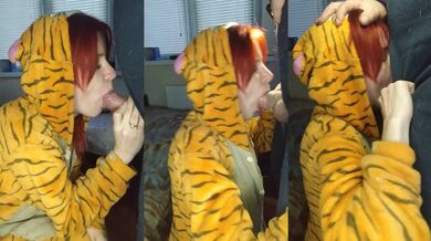 Obedient tiger girl sucks dick