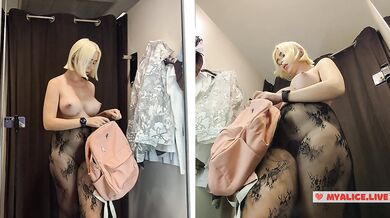 Blonde with big Tits Try on haul Clothes in Mall. Milf in Fitting Room