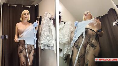 Blonde with big Tits Try on haul Clothes in Mall. Milf in Fitting Room