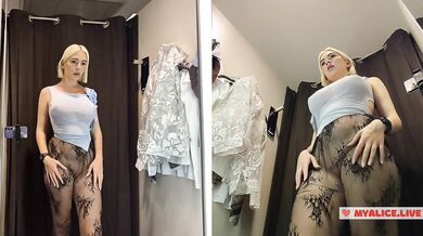 Blonde with big Tits Try on haul Clothes in Mall. Milf in Fitting Room