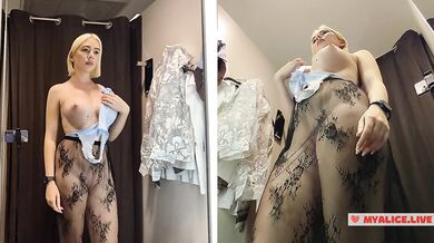 Blonde with big Tits Try on haul Clothes in Mall. Milf in Fitting Room