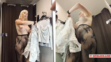 Blonde with big Tits Try on haul Clothes in Mall. Milf in Fitting Room