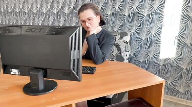 Naughty secretary masturbates in the office and gets cum on glasses