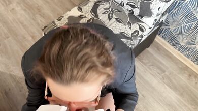Naughty secretary masturbates in the office and gets cum on glasses