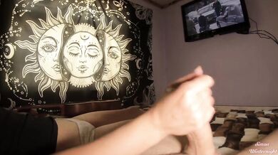Handjob to friend while watching "Pink Panther"