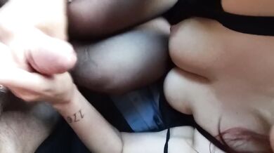 Handjob and cum on nylon legs, stockings