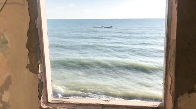 Outdoor handjob in abandoned resort houses near the Sea