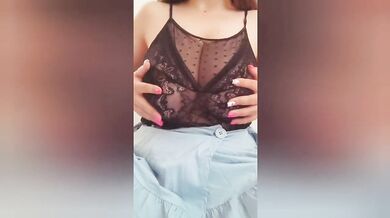 Shy brunette with pink manicure and big tits undresses in front of the camera - Luxury Orgasm