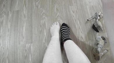 POV. I take off my panties and put on nylon tights and high heels before my date.