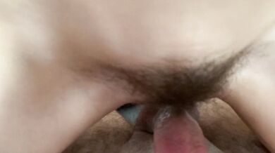 Hairy rides on a dick, on her legs