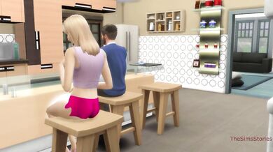 Stepdad fingering stepdaughter in front of stepmother in kitchen