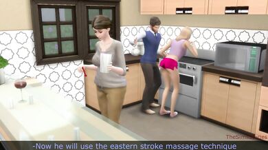 Stepdad fingering stepdaughter in front of stepmother in kitchen