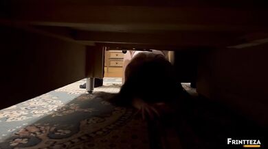 Stepsister stuck under the bed. Fucked tight pussy and cum on Ass