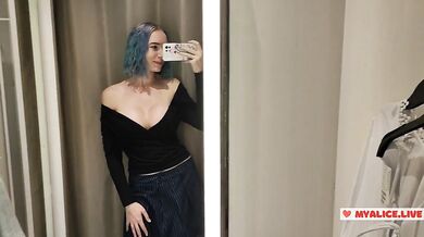 Trying on transparent sexy clothes in a mall. Look at me in the fitting room and jerk off