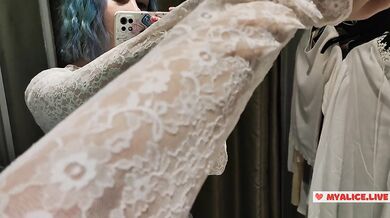 Trying on transparent sexy clothes in a mall. Look at me in the fitting room and jerk off