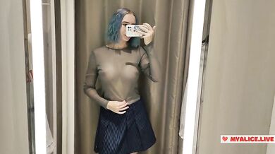 Trying on transparent sexy clothes in a mall. Look at me in the fitting room and jerk off