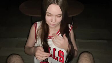 Good girl gives her stepdad a deep blowjob while kneeling. Cum on stepdaughter big natural tits