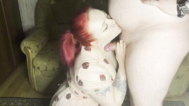 A cute girl greedily sucks a dick and kisses her stomach, for which she gets cum in her face