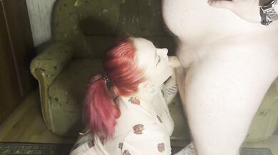 A cute girl greedily sucks a dick and kisses her stomach, for which she gets cum in her face