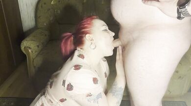 A cute girl greedily sucks a dick and kisses her stomach, for which she gets cum in her face