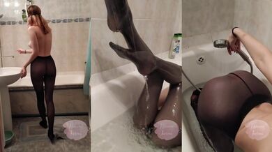 Masturbates with a Shower in Nylon Tights and Seduces Her Stepbrother
