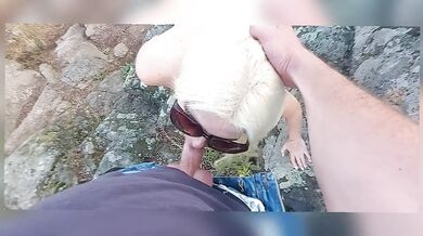 Blonde sucks big dick, deep blowjob, big ass, outdoors