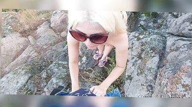 Blonde sucks big dick, deep blowjob, big ass, outdoors