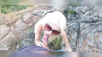 Blonde sucks big dick, deep blowjob, big ass, outdoors