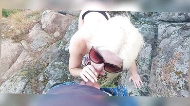 Blonde sucks big dick, deep blowjob, big ass, outdoors