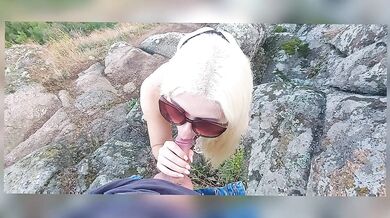 Blonde sucks big dick, deep blowjob, big ass, outdoors