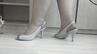 I put on nylon tights and try on high-heeled shoes.