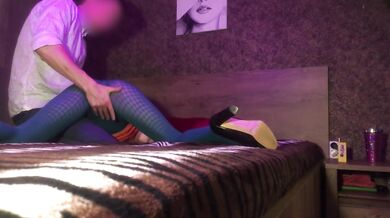 Massage for pretty student in blue pantyhose turns into anal sex with cumshot on tits