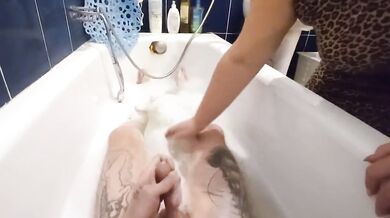stepmom washes me in the bathroom and jerks off my cock