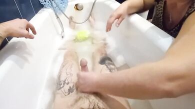 stepmom washes me in the bathroom and jerks off my cock