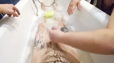 stepmom washes me in the bathroom and jerks off my cock