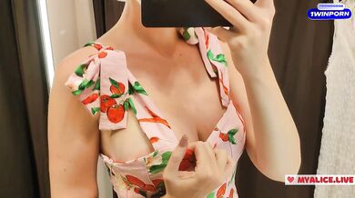 Try on haul transparent clothes in fitting room and have masturbation with strong orgasm