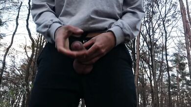 Хлопець з великим членом дрочить в лісі. Ліс. На природі. Великий член