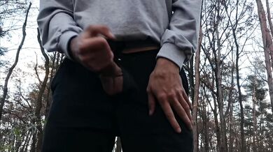 Хлопець з великим членом дрочить в лісі. Ліс. На природі. Великий член
