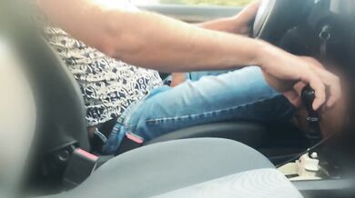 Cumshot while driving a car at speed.