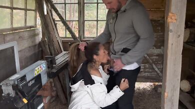 Husband gets horny and fucks hot milf-wife outside from behind after seeing splitting wood