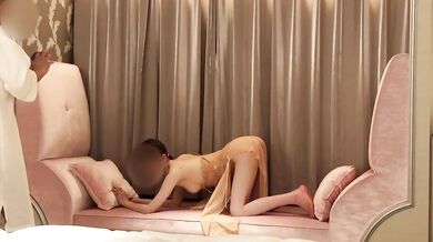 Tasting the slender body of a student wearing see-through lingerie on a pink sofa（ver.2）.